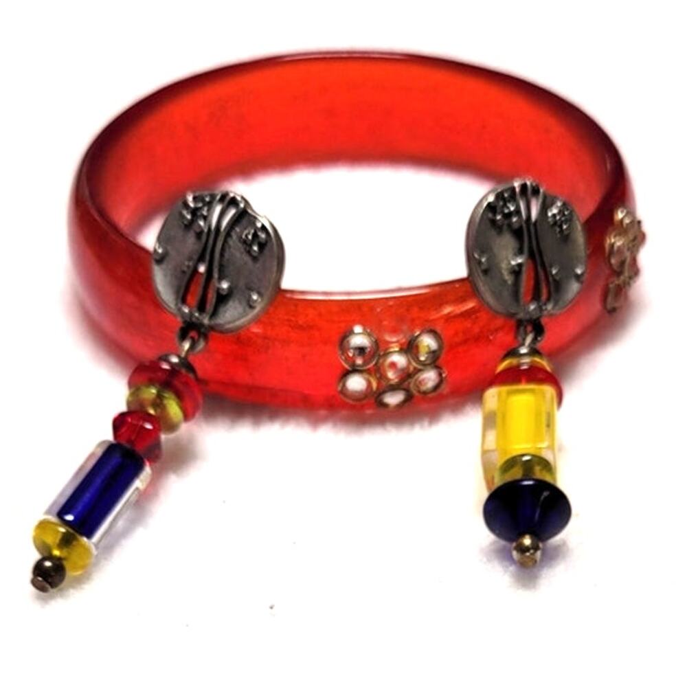 6 3/4" Red Glass Bangle Bracelet & Red Yellow Blue Beaded Dangle Drop Earrings